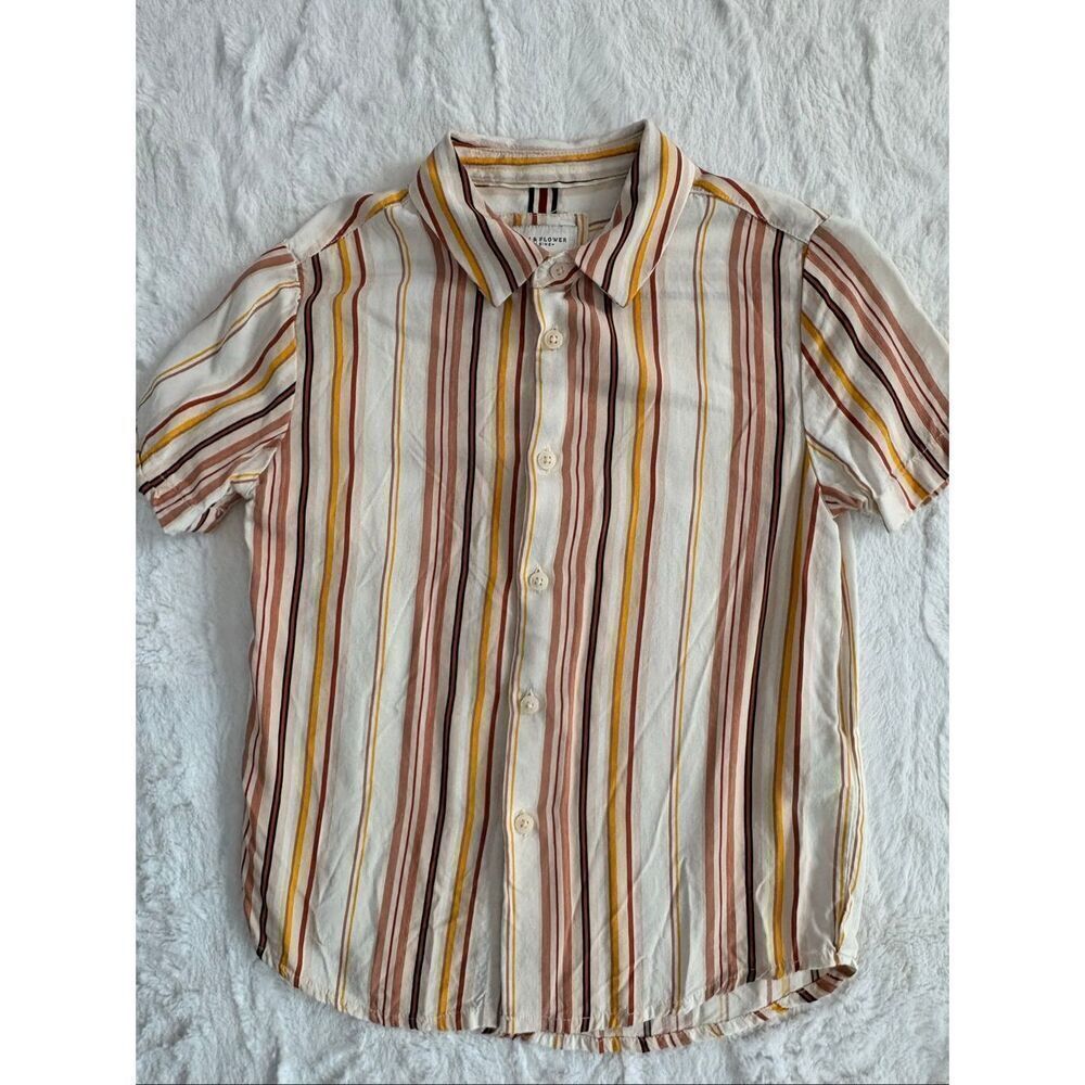 Denim & Flower Ricky Singh Boys Neutral Retro Stripe Short Sleeve Button Down 5/